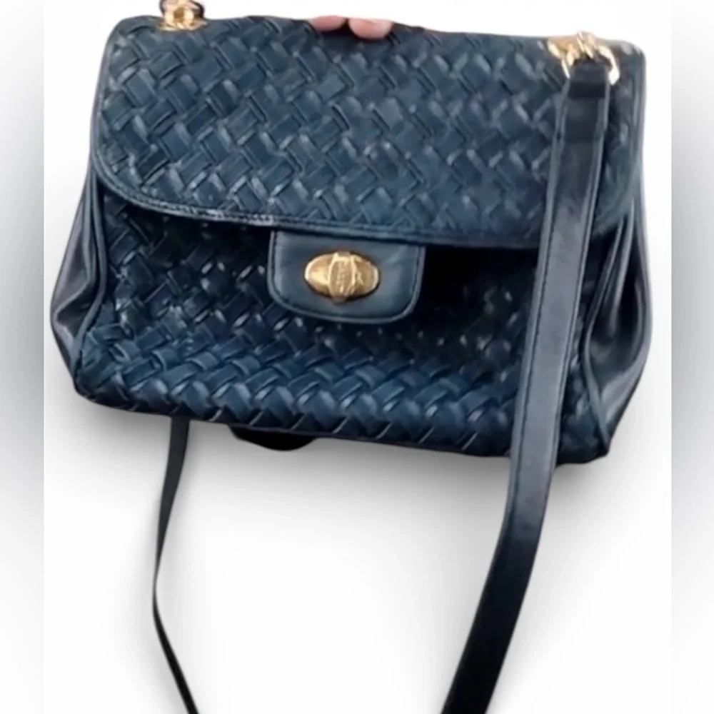Bally S45 Shoulder Bag Suede Leather Woven Intrecciato Design in Dark Blue